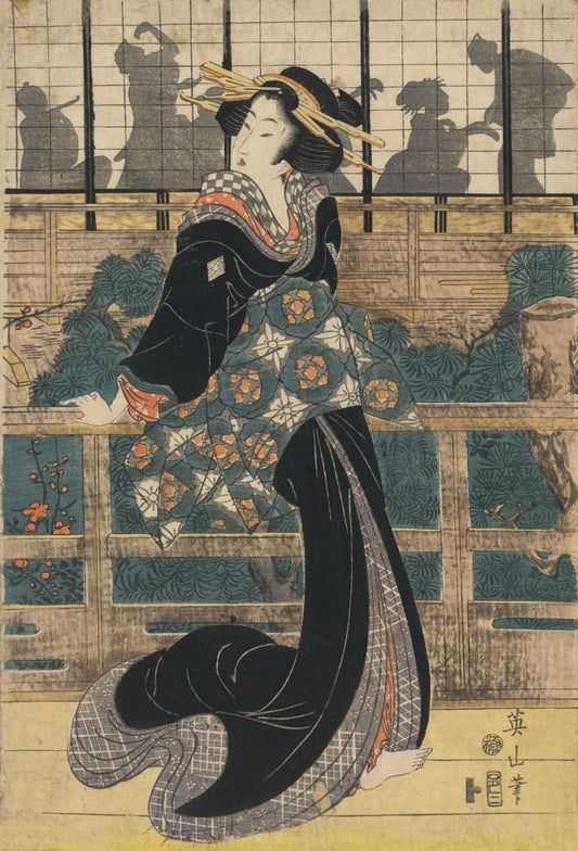 Kikukawa Eizan - Entertainer Standing on a Veranda | Dimensions 5310 x 7810 pixels