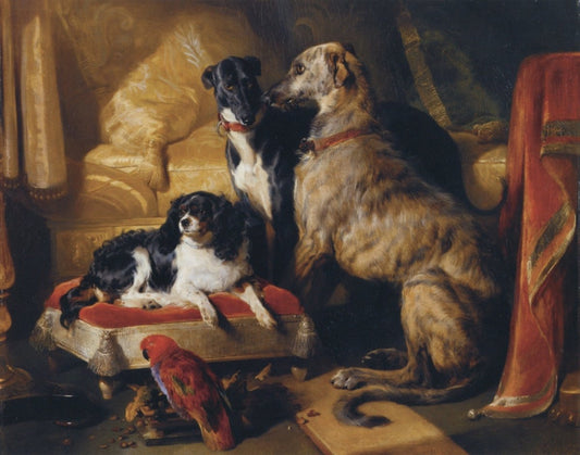 Edwin Landseer - Hector, Nero and Dash with Parrot Lory | Dimensions 4472 x 3520 pixels