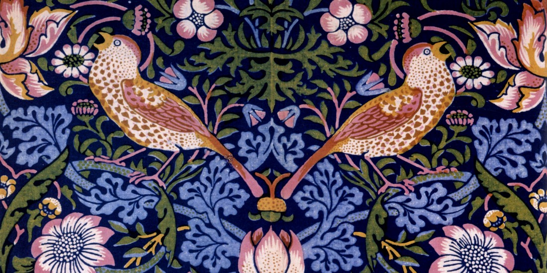 William Morris Strawberry Thief public domain textile design featuring birds, strawberries and foliage
