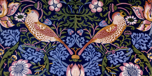 William Morris Strawberry Thief public domain textile design featuring birds, strawberries and foliage