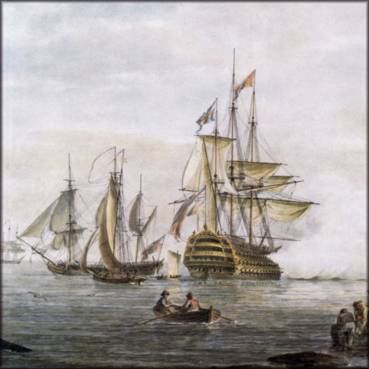 Nicholas Pocock (1740-1821) - Flagship of an Admiral of the Red firing ...